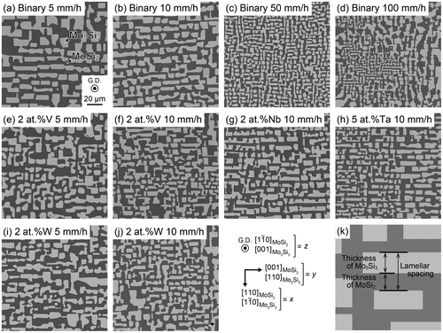 Figure 1. SEM backscattered electron images of DS ingots of (a) Binary 5 mm h-1, (b) Binary 10 mm h-1, (c) Binary 50 mm h-1, (d) Binary 100 mm h-1, (e) 2 at.%V 5 mm h-1, (f) 2 at.%V 10 mm h-1, (g) 2 at.%Nb 10 mm h-1, (h) 5 at.%Ta 10 mm h-1, (i) 2 at.%W 5 mm h-1, (j) 2 at.%W 10 mm h-1, (k) Schematic illustration of thickness of each phase and lamellar spacing.