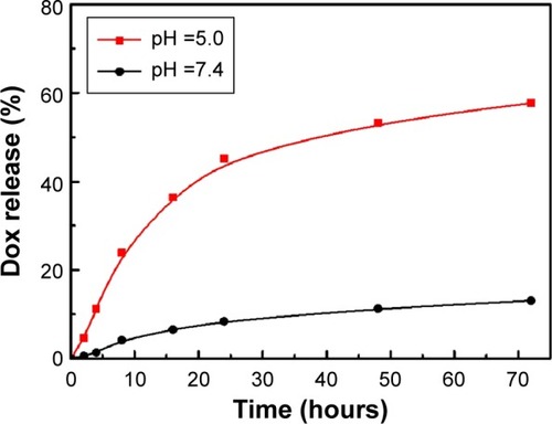 Figure 5 Kinetics of Dox release from Dox-RGD-GQDs at different pH values.Notes: The values were obtained upon measuring the PL from the filtered solution (released Dox) and extrapolating the results to a calibration curve.Abbreviations: Dox, doxorubicin; GQDs, graphene quantum dots; PL, photoluminescence; RGD, arginine-glycine-aspartic acid.