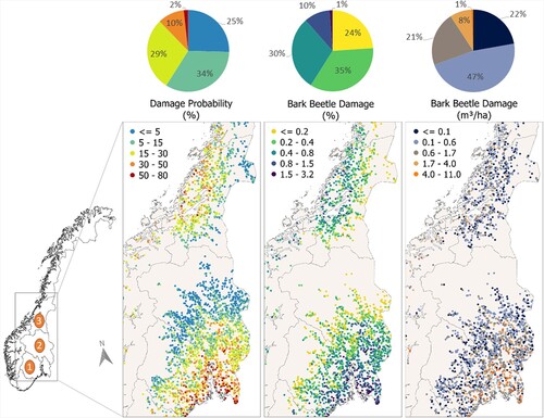 Figure 3. Modelled Ips typographus 5-year damage probability, damage volume (%), and damage volume (m3/ha) in plots from the Norwegian National Forest Inventory (NNFI). Forest variables (stand age, host share, stocking density) and climatic variables (temperature, precipitation) were measured annually from 2015 to 2019. Pie charts show the average shares per damage class for the regions Vestviken (1), Innlandet (2), and Trøndelag (3). Zoomed area in the map shows individual NNFI plots in the Innlandet, Vestviken, Trøndelag, and Østviken regions.