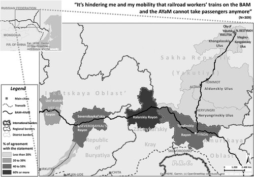 Map 4. Respondents’ levels of agreement about barriers to individual mobility based on the circumstances that railroad workers’ trains do not take passengers anymore. Due to the low number of respondents, all districts in the Sakha Republic (Yakutiya) were merged into one value. Responses from other areas outside the BAM/AYaM region were not included. Source: authors.