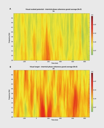 Figure 2. The grand average plots of intertrial phase coherence as grand average of 5 subjects.