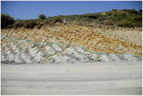 Figure 5. Angular unconformity (lower dashed line) between the southeast-dipping (right) Samandağ formation and overlying Sebenoba formation. At the base of the Samandağ formation is a very badly sorted, conglomerate with angular marl pebbles, which is overlain by another conglomerate containing of coarse and badly sorted but with rounded clasts. The contact between these two conglomerates is indicated by upper dashed line. See text for the location and explanation.