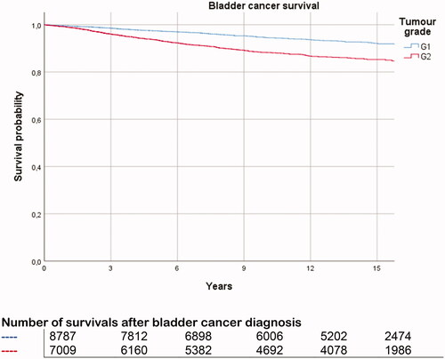 Figure 2. Risk of bladder cancer death for low- and intermediate-risk patients.