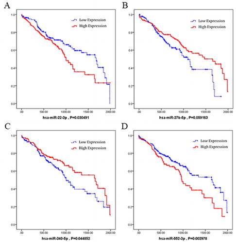 Figure 5. Kaplan–Meier survival curves for four miRNAs (hsa-miR-22-3p, hsa-miR-27b-5p, hsa-miR-340-5p and hsa-miR-552-3p) associated with overall survival. Horizontal axis: overall survival time, days; Vertical axis: survival function.