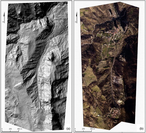 Figure 4. LiDAR of the Montebello sul Sangro landslide acquired in January 2014 (1 m resolution) specifically for this project (by CNR-IRPI): (a) shaded relief image; (b) orthophoto.