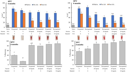 Figure 4. Effects of long-term (6 month) storage at 20 °C or 40 °C on the oxidation (top) and recovery (bottom) of lyophilised LtEc samples. ‘AA’ indicates treatment with ‘Ascorbic Acid’. Representative images of each type of sample following resuspension and centrifugation are also shown between the plots and the corresponding bars. All samples were prepared in triplicate (n = 3). Letters indicate groups that are significantly different as determined via ANOVA or K-W test (p < 0.05).