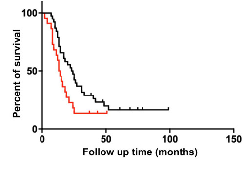 Figure 6 Kaplan–Meier curves of overall survival according to COL6A1 expression in PC patients with DM.