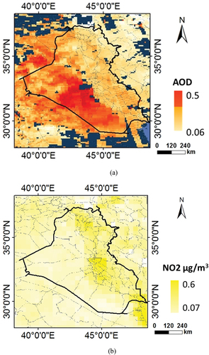 Figure 10. Remote sensing-based maps of air quality; (a) AOD, and (b) NO2.