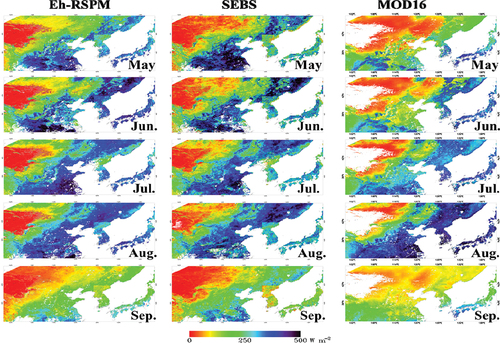Figure 4. Spatial variations of monthly estimated ET for various models in 2004.