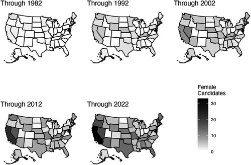 Figure 4. Number of women candidates per state over time, 1978–2022.