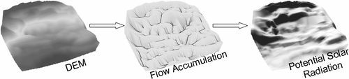 FIGURE 3 Schematic example of derived topographic variables from a submeter DEM quadrat surface (site WC-Quad2), 3D terrain surfaces displayed in ArcScene.