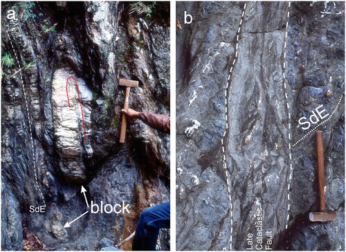 Figure 8. Photographs of the Eastern Sector of Miomaffo Complex. (a) Isoclinal fold in feldspathic block in melange. (b) Close up of late cataclastic fault zone shown in Figure 6a. Hammer handle is 40 cm long.