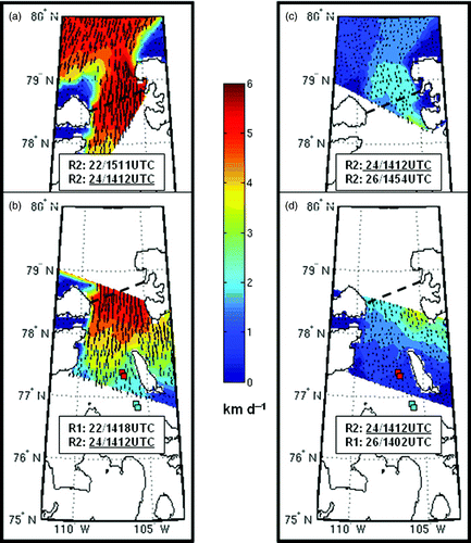 Fig. 11 Temporal and spatial details of the ice drifts associated with a weak burst of northerly winds at the end of September (22–26 September; Fig. 9c): a) and b) ice drifts into the Prince Gustaf Adolf Sea computed from two sets of RADARSAT-1/RADARSAT-2 images spanning 22–24 September; c) and d) ice drifts into the Prince Gustaf Adolf Sea computed from two sets of RADARSAT-1/RADARSAT-2 images spanning 24–26 September. The flux gate defined in Kwok (Citation2006) and Agnew et al. (Citation2008) is indicated by a black dashed line. The positions of beacons 47554 (cyan squares) and 47560 (red squares) on the 22 and 26 September are shown in panels b) and d).