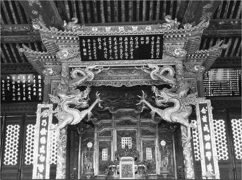 Figure 3. A pair of openwork, carved golden dragon-wrapped columns in front of the throne in Chongzheng Hall in the Imperial Palace in Shenyang. Designed and produced in 1747.