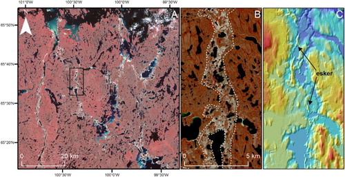 Figure 9. Glaciofluvial deposits. (A) Tracts of glaciofluvial deposits (light colours) between Aberdeen and Garry Lakes shown in Landsat ETM+ (R,G,B 4,3,2) imagery. Location is given in Figure 1. (B) Close-up of the box in A with outline of mapping. Landsat image is pan-sharpened. (C) DEM showing the same area as B. Note the esker in close association with the glaciofluvial deposits.