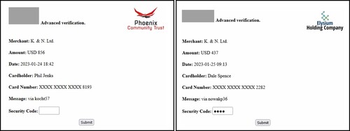 Figure 2. Screenshots of the transaction prompt.Note: Screenshots of the transaction prompt; one of each of the two bank versions. (In the right panel’s screenshot, the security code is filled in.) On submitting the information, the browser window activates a “screen lock” and a “wait cursor” for a short while (as typical of real instances of such operations) and then returns either a confirmation message, or, in case of incorrect details, an error message. The card company logos are masked here (in gray) to avoid copyright issues.