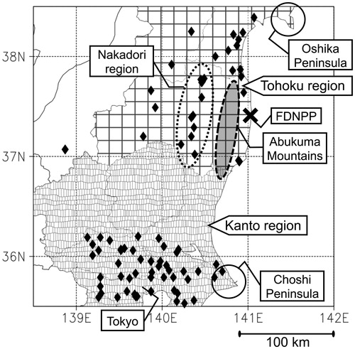 Fig. 3. Map of the area around the FDNPP. Closed diamonds indicate the 137Cs sample stations in Tsuruta et al. (Citation2014) and Oura et al. (Citation2015).