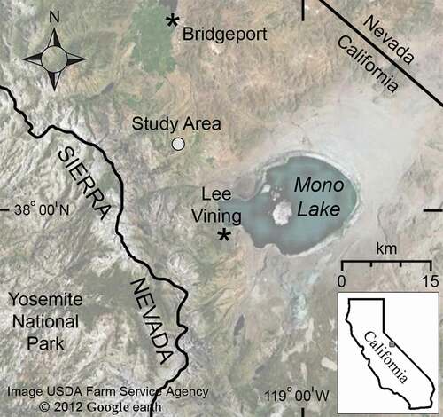 Figure 1. Map of the central Sierra Nevada, California, with location of the Kavanaugh Plateau and patterned-ground study site east of the range crest in Mono County.
