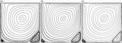 Figure 3. Streamlines in the two-dimensional cavity flow at for: (a) Case (I); (b) Case (II); (c) Case (III).