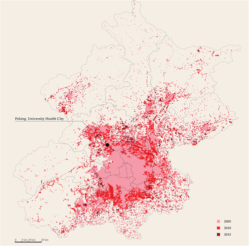 Figure 1. The built area of Beijing metropolitan region, 2005, 2010, 2015.