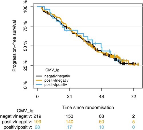 Figure 2. Progression-free survival in CMV IgG-negative/CMV IgM-negative patients, CMV IgG-positive/CMV IgM-negative patients and CMV IgG-positive/CMV IgM-positive patients. No statistically significant differences between the three PFS curves were found (p = 0.93).