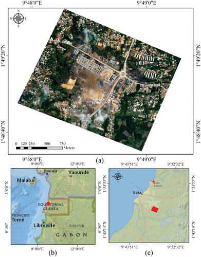 Figure 6. The dataset used in the first study area: (a) post-event high-resolution data, (b), and (c) the geographical location of the study area.
