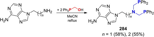 Scheme 165. Reactions of Ph2PCH2OH with 9-(3-aminopropyl)- and 9-(2-aminoethyl)-adenines.[Citation529]