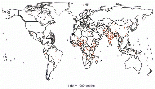 Figure 2 Estimated distribution of rotavirus deaths among children <5 y of age. Each dot represents 1,000 deaths. Dots are placed at random within each country according to the estimated number of deaths in that country. Adapted from Parashar UD, et al.Citation1