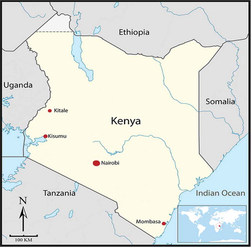 Figure 1. Map of Kenya showing the location of Kisumu and Kitale in relation to Nairobi, the capital and largest city.