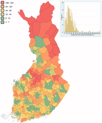 Figure 1. Travelling times in minutes from each Finnish municipality to the hospital district’s central hospital.