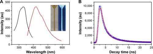 Figure 3 (A) PL and PLE spectra of the GQDs. The insert shows the photographs of the GQDs aqueous solution under visible light and 302 nm UV light. (B) PL decay curve at 420 nm for the GQDs.Abbreviations: PL, photoluminescence; PLE, photoluminescence excitation; GQDs, graphene quantum dots.