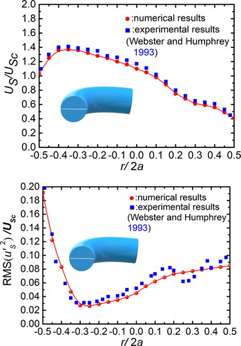 Figure 4. Distribution of mean axial velocity (a) and RMS value of fluctuating axial velocity (b) along the tube midplane (white line) (Re = 10,500, De = 2460).