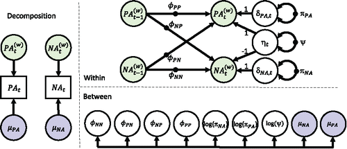 Figure 4. Representation of the multilevel VAR(1) model with random innovation variances and covariance. Left part contains the decomposition into within-person (time-varying) and between-person (time-invariant) components. Top right contains the within-person level model, which is a VAR(1) model. Bottom right contains the between-person level model, which includes the between-person components of the observed data as well as all the random effects of the model, corresponding to the solid black circles in the within-person level model. It shows that random variances at the within-person level are modeled using their log at the between-person level (which are then assumed to come from a multivariate normal distribution); this is done to ensure that the individual variances are positive for all individuals.