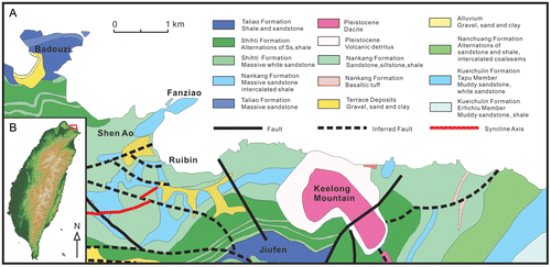 Figure 1. (A) Geological map showing distribution of the Nankang Formation along the north-east Coast of Taiwan. Most observations were made at Fanziao promontory and on a few small islets just next to the Ruibin settlement. (B) The inset map shows the location of study area in north-eastern Taiwan.
