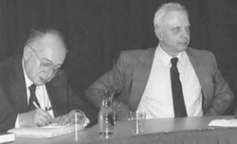 Figure 6 Milton Sobel and Herbert Robbins during the videotaping of a discussion. University of Connecticut–Storrs, December 10, 1990.