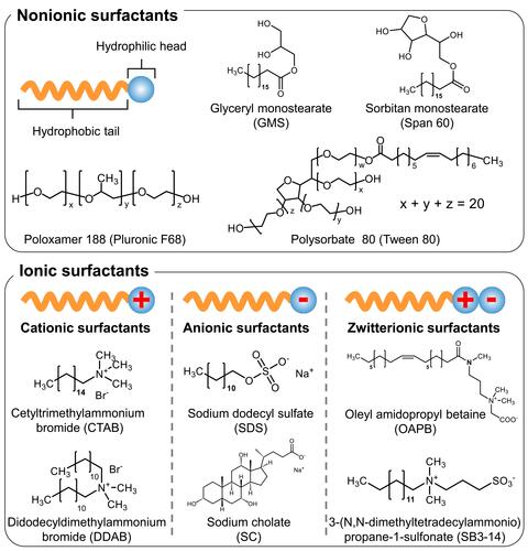 Figure 1 Classification of surfactants and structures of the ionic and nonionic surfactants mentioned in this review.