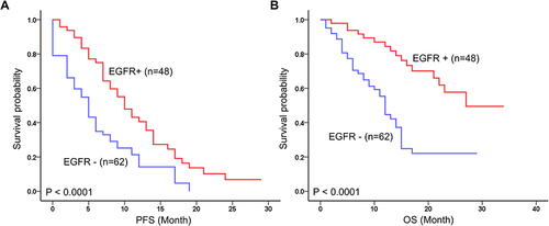 Figure 1 Prognostic value of EGFR mutations status in 110 advanced NSCLC. Kaplan-Meier survival curves of EGFR+ for (A) progression-free survival (PFS) and (B) Overall survival (OS).