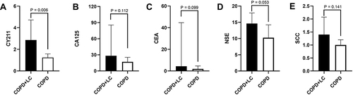 Figure 2 The tumor biomarkers in the COPD+LC group and the COPD group. (A) The levels of CY211 in the COPD+LC group were higher than those in the COPD group. (B) The levels of CA125 were compared between the COPD+LC group and COPD group. (C) The levels of CEA between the COPD+LC group and COPD group. (D) The levels of NSE between the COPD+LC group and COPD group. (E) The levels of SCC between COPD+LC group and COPD group.