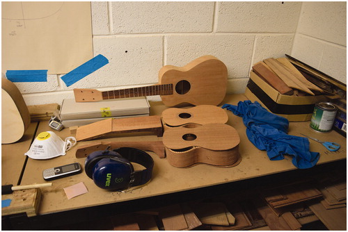 Figure 13 Some of Rob’s more traditional wooden ukuleles in progress.
