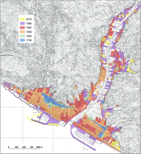 Figure 7. Urban evolution map of Chiavari, Lavagna and Cogorno from 1758 to 2018. (Modified from CitationRoccati, Faccini, Luino, Turconi, Piana, et al. (2018)).