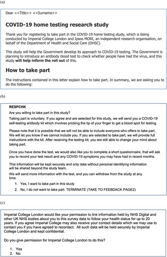 Figure 3. Examples of (a) invitation letter (b) consent to participate, and (c) consent to data linkage from the UK REACT (Real-time Assessment of Community Transmission) study; available online.