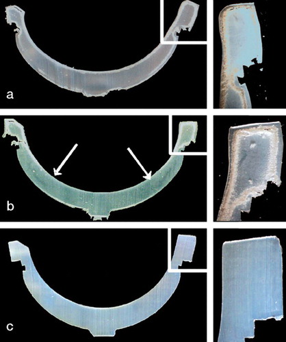 Figure 5. Photographs of thin cross-sections taken from an a) aged conventional load soak liner, b) aged conventional motion liner and, c) aged highly crosslinked liner tested on the hip simulator.