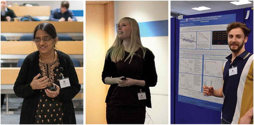 Figure 6. Left: Professor R. Pratibha joyfully answering questions during the 2019 Sturgeon Lecture. Middle: Rebecca Walker, joint recipient of the prize for the best student oral presentation. Right: Tom Raistrick, recipient of the prize for the best student poster presentation.