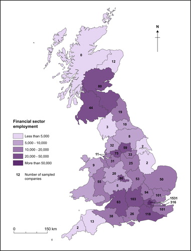 Figure 1. Spatial distribution of the sampled financial services firms.Note: Financial sector employment is the sum of full-time employment in financial services activities except insurance and pension funding (Standard Industrial Classification (SIC) 2007 code 64) plus employment in activities auxiliary to financial services and insurance activities (SIC 2007 code 66). Employment data were sourced from the Office for National Statistics’ (ONS) Business Register and Employment Survey (BRES) database and are measured as of 2007. The number of sampled companies is pooled across 2007–09 and is based on the availability of company total assets data from the Bureau van Dijk’s Financial Analysis Made Easy (FAME) database. Regional boundaries are consistent with the NUTS-2 2010 classification. Sources: Authors’ calculation based on FAME and BRES data.