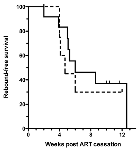 Figure 4. Kaplan-Meier rebound-free survival graph. Solid line denotes vaccine, interrupted line placebo. Rebound was defined as viral load greater than 3,000 HIV RNA copies/mL plasma.