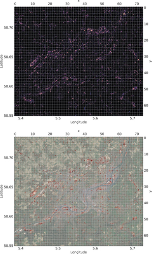 Figure A1. Urban changes in Liège 2017–2020 with combined models. The top shows identified urban changes using yi,jC for every tile with black pixels indicating no change and brighter ones a higher probability of occurred urban changes. The bottom shows the same as red highlights to indicate the changes, using a background image © 2019/20 Google Earth, for reference only.