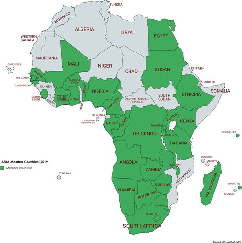 Figure 1. Pan-African library support organization member countries as of 2019 (32 countries). Central African Republic and Mozambique added as of 2022.Source: S. Boakye-Achampong, CC BY-SA 4.0, https://commons.wikimedia.org/w/index.php?curid=91194242