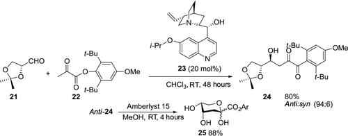 Figure 8 Asymmetric aldol reaction of a pyruvate ester with a sugar aldehyde catalyzed by Cinchona-derived catalyst with C6′ isopropoxy group and C9 hydroxyl group.