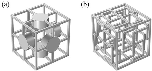 Figure 3. Comparison of metamaterials: (a) Metamaterial unit cell structure with straight rods replacing chiral bent rods (b) Metamaterial unit cell structure without surface mass blocks.