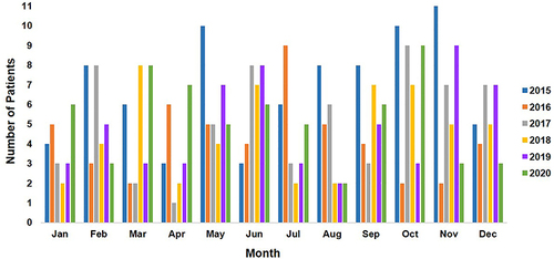 Figure 1 Distribution of open globe injury by month and year.